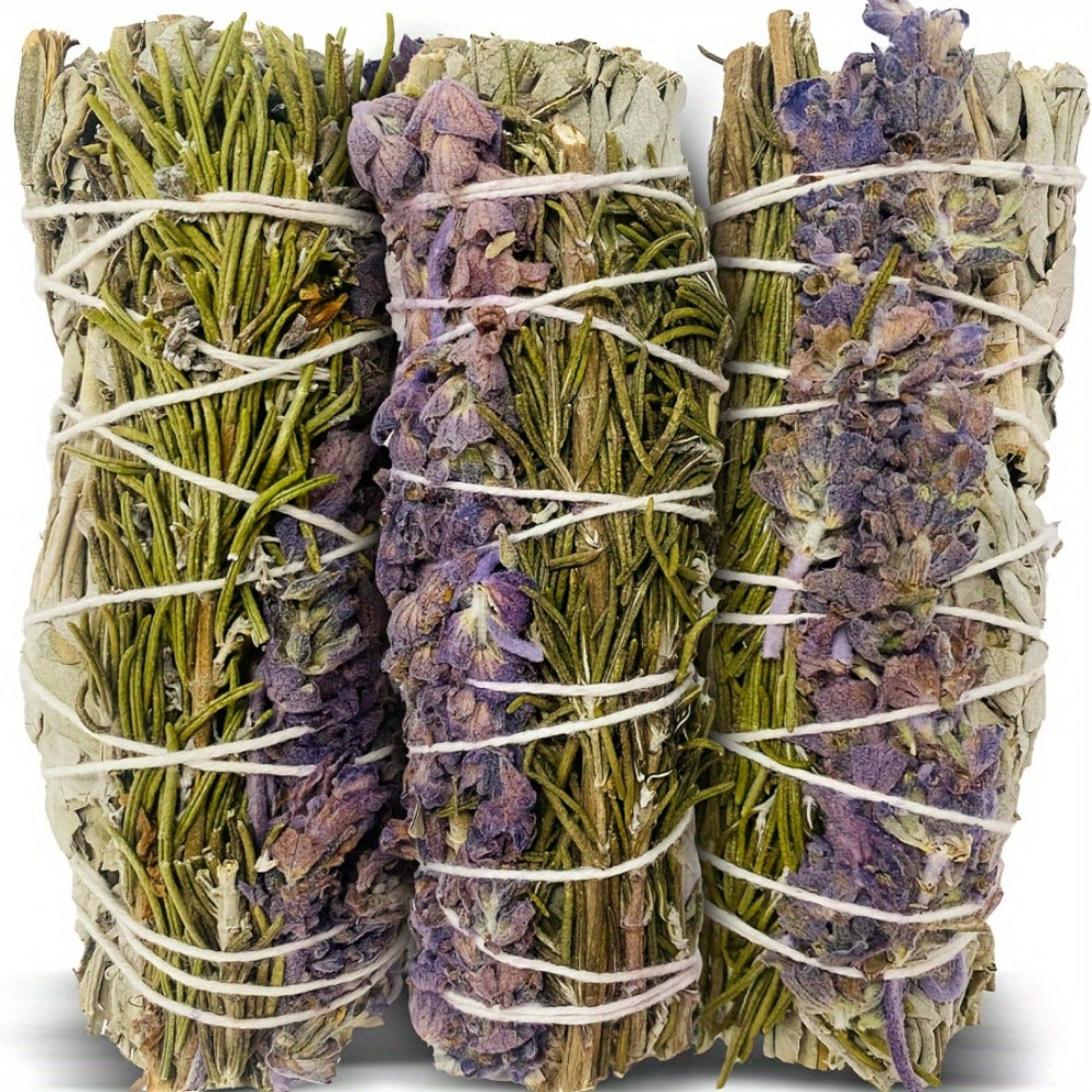 Sage Incense Smudge Bundle Set 3 Pack - White Sage Rosemary Lavender Hand-Bundled Incense Sticks for Home Cleansing Negative Energy Purification Meditation Aromatherapy Spiritual Healing