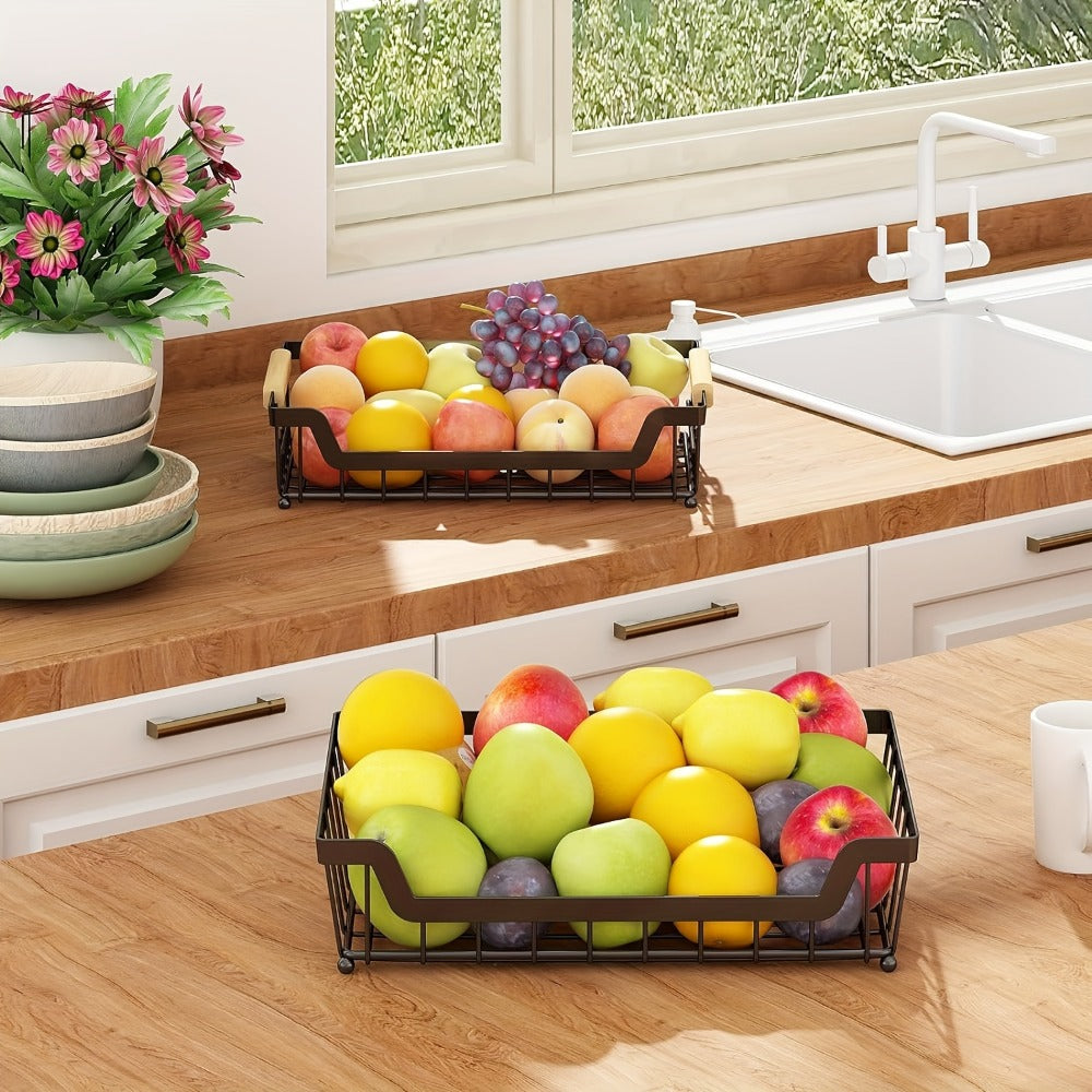 Fruit Basket with Banana Hanger, 2-3 Tier Metal Countertop Organizer with Wooden Handle ¡ª Detachable Kitchen Storage Stand for Fruits, Vegetables & Bread | Large Capacity | Black