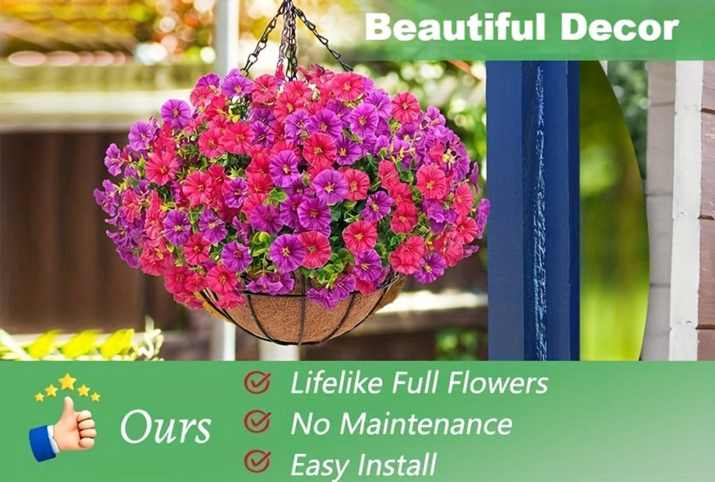 Artificial Hanging Flowers Outdoor UV-Resistant Fake Petunias with Planter Basket ¨C Realistic Faux Hanging Plants for Garden Patio Porch Balcony Railing Decor