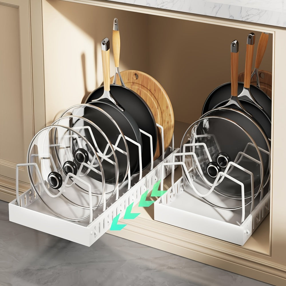 Pull Out Pot Lid Organizer Rack 2pcs Under Cabinet Pots and Pans Organizer, 8 Adjustable Dividers Slide Out Kitchen Cabinet Cookware Baking Sheet Holder, Drill-Free Easy Install