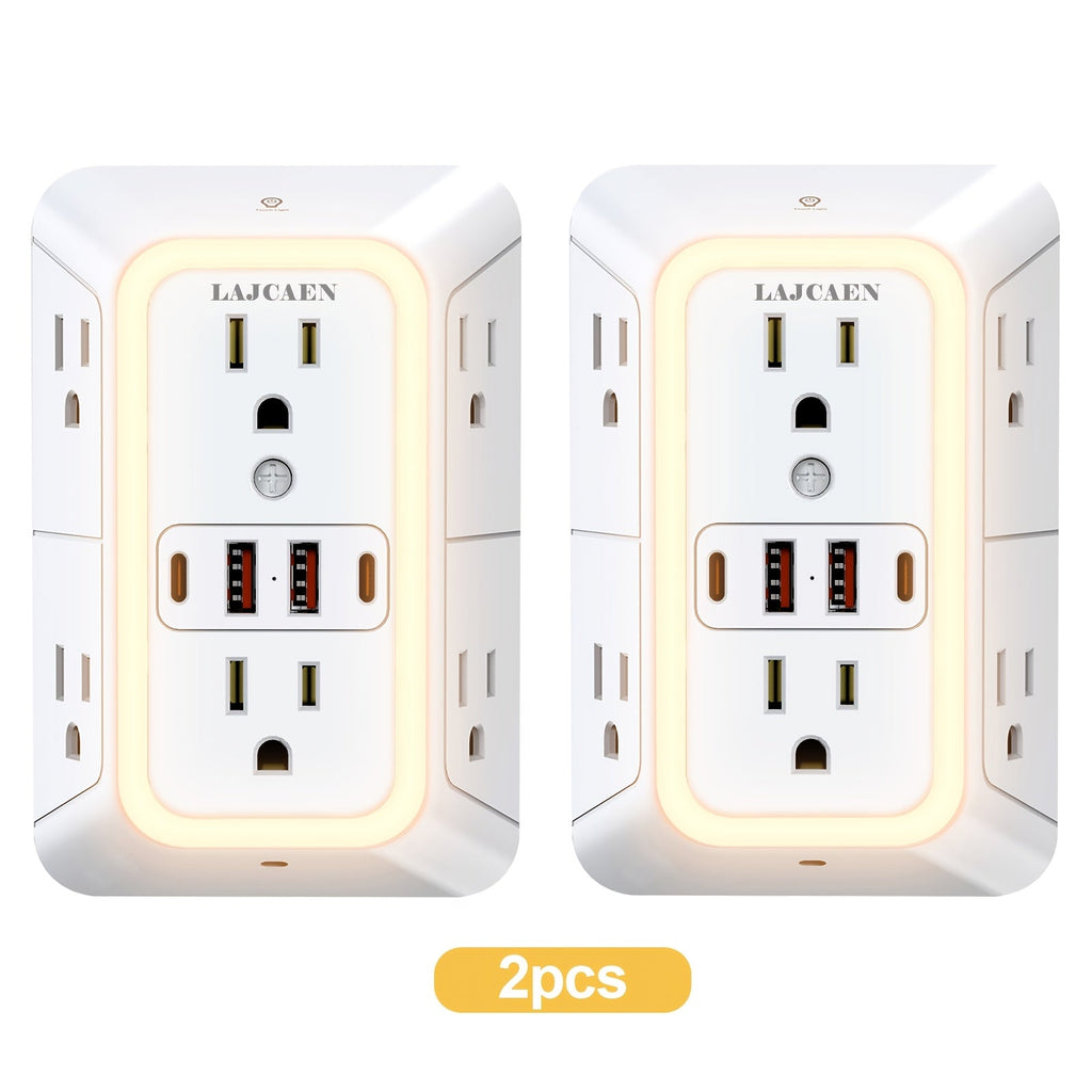 Outlet Splitter Wall Expander 10-in-1 with 6 AC Outlets 2 USB-A 2 USB-C Ports 3-Sided Plug Extender Surge Protector Night Light Compact Space-Saving Design for Home Dorm Apartment Office