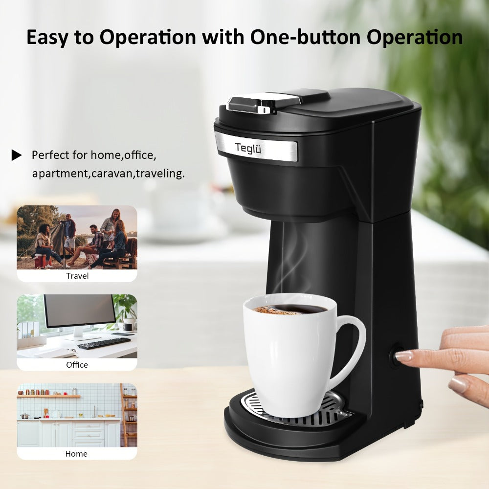 Single Serve Coffee Maker 2-in-1 for K-Cup Pods and Ground Coffee One-Button Operation 6-14oz Brew Sizes Auto Shut-Off Stainless Steel Drip Coffee Machine Blue Black Red Grey