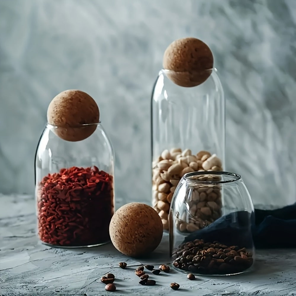 Glass Storage Jars with Cork Lid Set of 3 | 17oz 500ml Airtight Glass Containers with Spherical Cork Stopper | Kitchen Organizer for Tea Nuts Candy Spices Dried Flowers