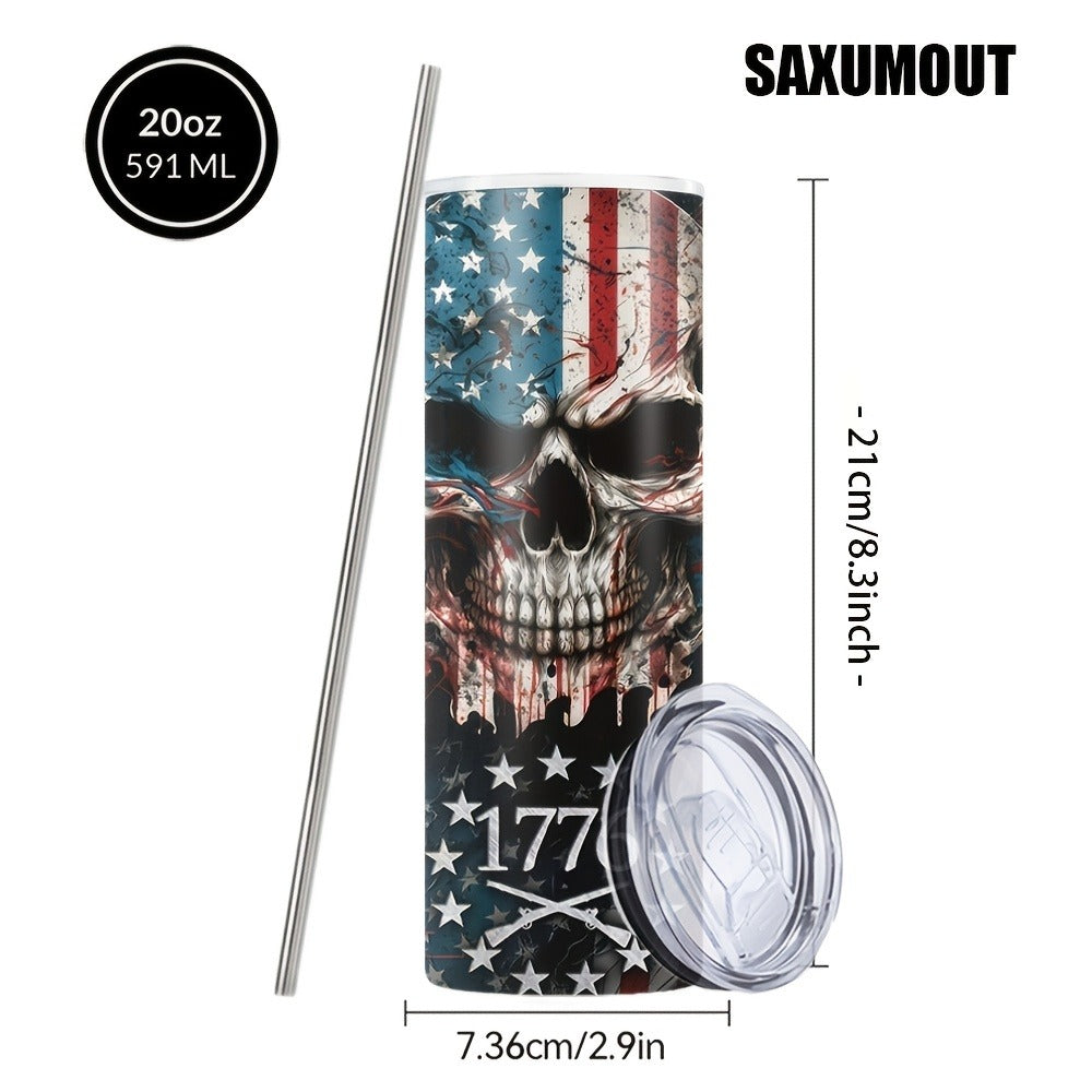 Skull Tumbler 20oz Patriotic Skull Pattern Stainless Steel Insulated Cup with Lid & Straw Travel Coffee Mug Hot Cold Drinks Gift Birthday Halloween Christmas