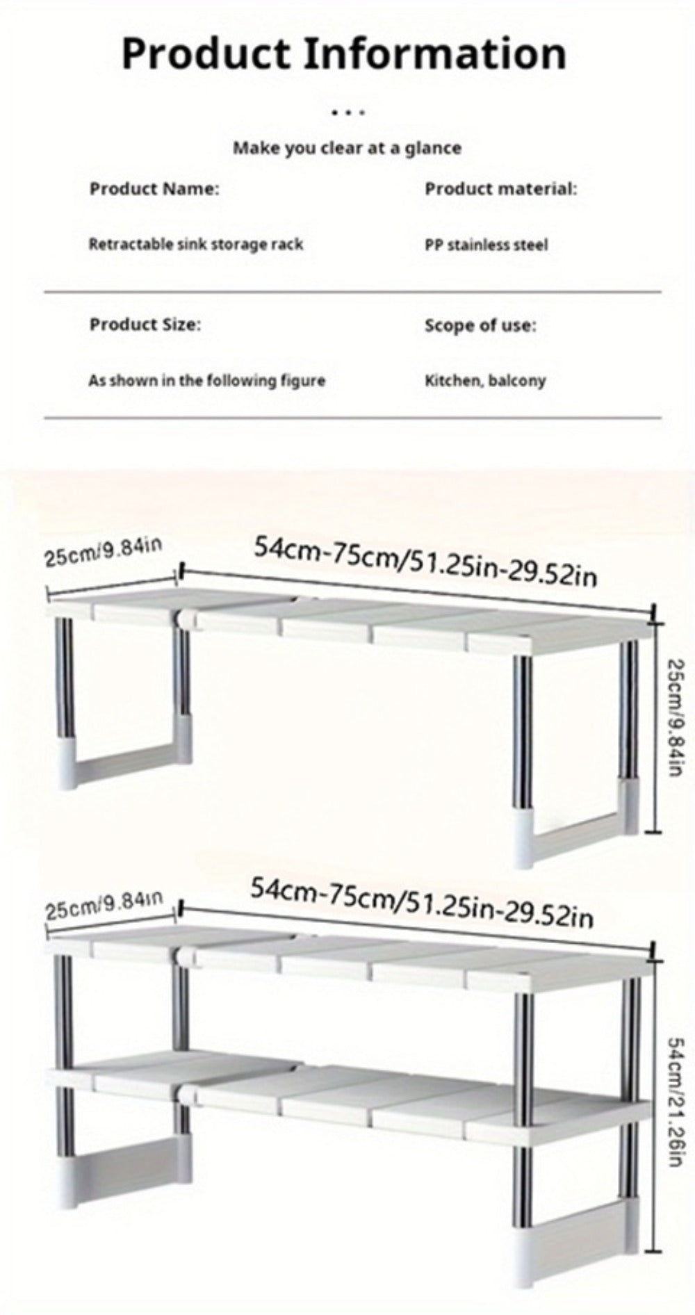 Under Sink Organizer Adjustable - Stainless Steel and Plastic Cabinet Storage Shelf for Kitchen and Bathroom, Space Saving Single Layer Rack for Pots Cleaning Supplies and Toiletries, Multi-Functional Under Cabinet Organizer and Storage