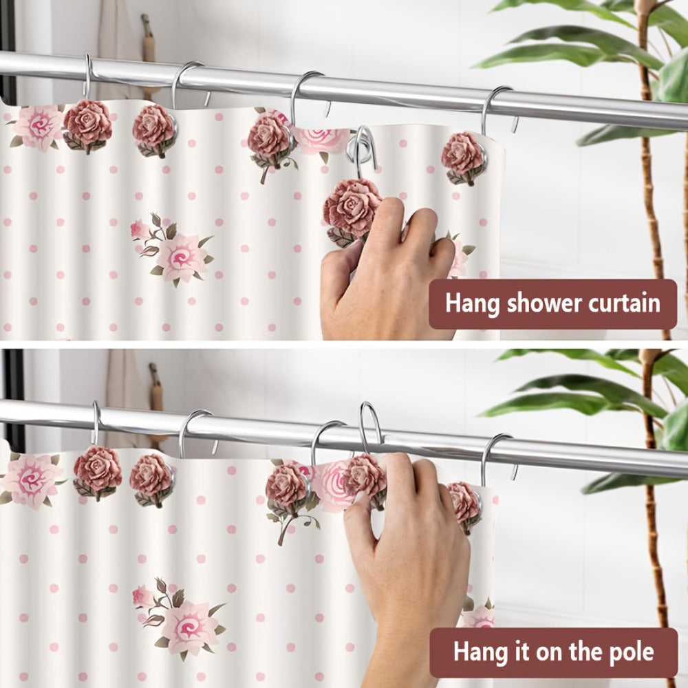 Shower Curtain Hooks Rose Resin - 12pcs Rustproof Cast Iron Floral Bathroom Hooks, Heavy Duty Metal Rings for Curtain Rod, Decorative Bath Accessories