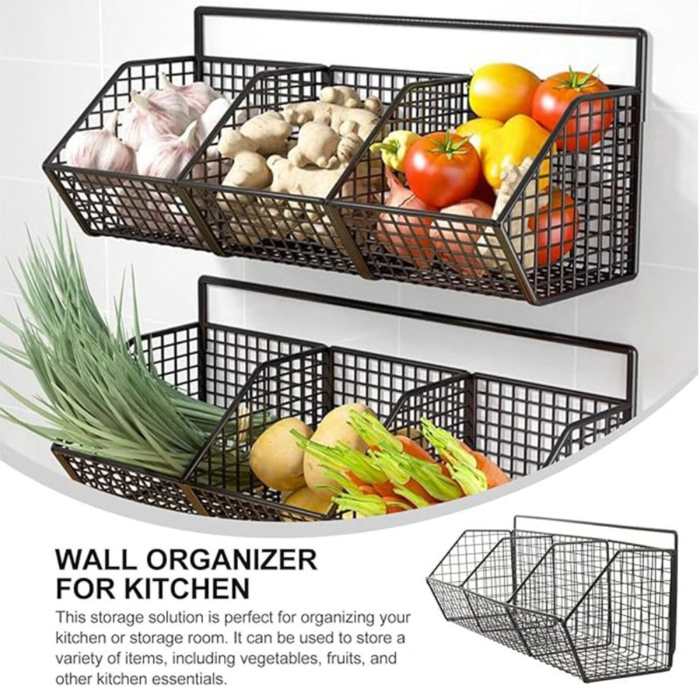 Wall Mounted Kitchen Storage Basket ¨C Metal Wire Rack Organizer, 2 or 3 Grid Tier, Space Saving Vertical Pantry Shelf for Spices, Snacks & Beverages, Home Kitchen & Retail Store Display