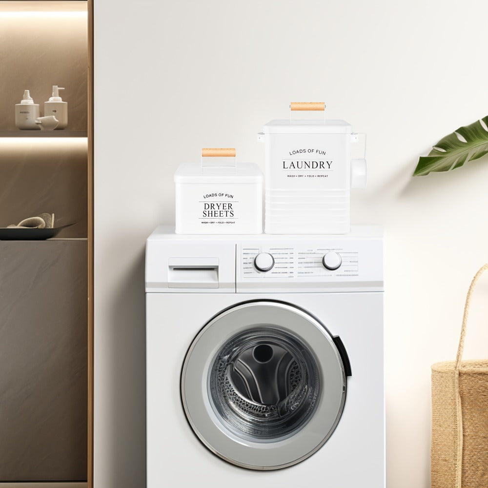 Laundry Pod Container & Dryer Sheet Holder Set with Scoop ¨C Metal Farmhouse Laundry Room Organizer, Detergent Dispenser & Soap Storage
