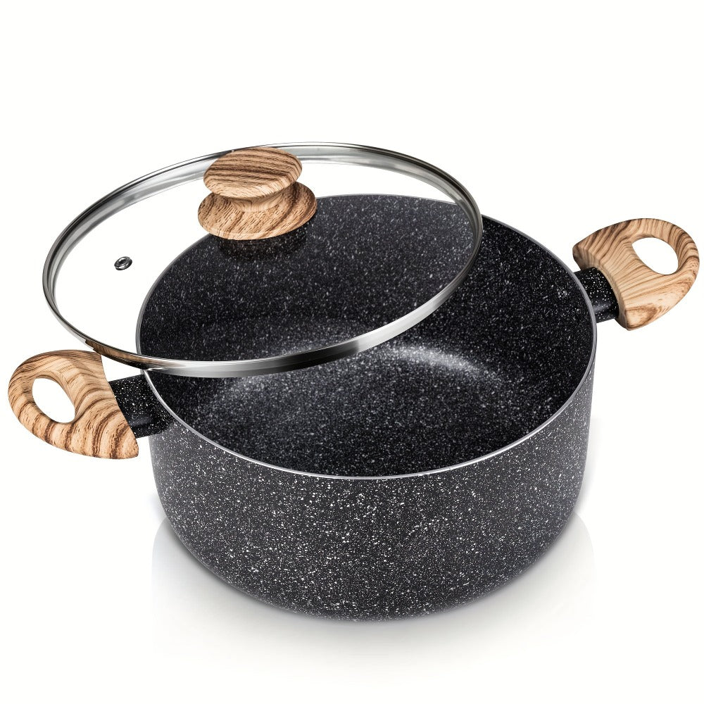 Nonstick Stock Pot Granite Soup Pot with Lid Induction Compatible Aluminum PFOA Free Stay Cool Handle for Soup Stew Pasta Seafood Curry 5qt 6qt 8qt 10qt Black White