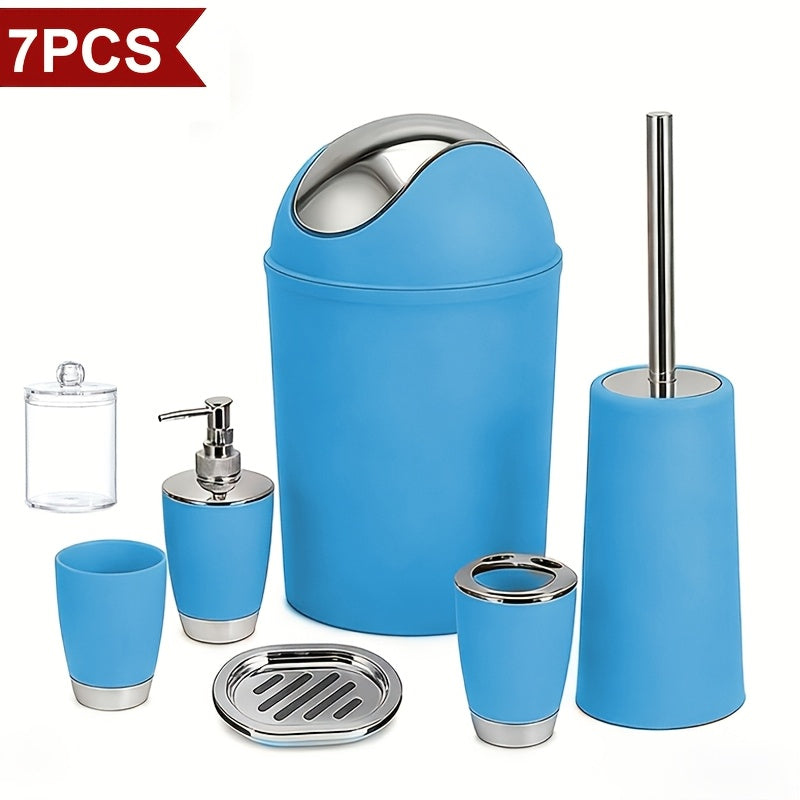 Bathroom Accessory Set 7 Piece - Luxury Modern Complete Bath Set with Trash Can Toilet Brush Lotion Dispenser Soap Dish Mouthwash Cup Toothbrush Holder | Space Saving Easy Clean Housewarming Gift 7 Colors