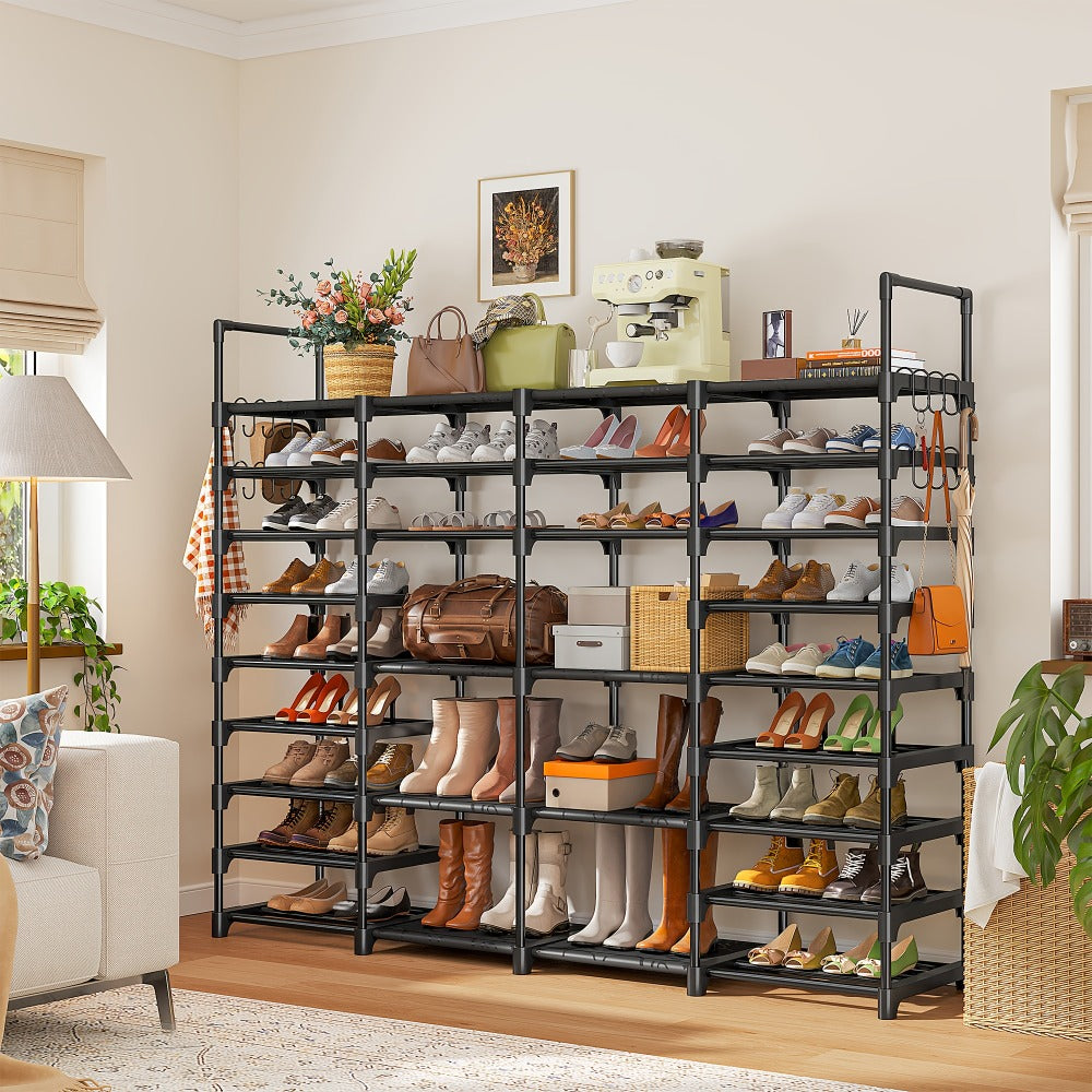 Metal Shoe Rack Organizer 4 Row 6 & 9 Tier Black | Heavy Duty Freestanding Shoe Tower Storage Shelf for Entryway Bedroom Living Room Holds 45-72 Pairs