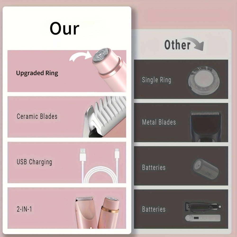 Bikini Trimmer for Women 2-in-1 Dual Head Electric Shaver - IP67 Waterproof Wet Dry Body Hair Remover for Bikini Area Underarms Legs Arms Face, USB Rechargeable Long Battery Life, Ergonomic Grip