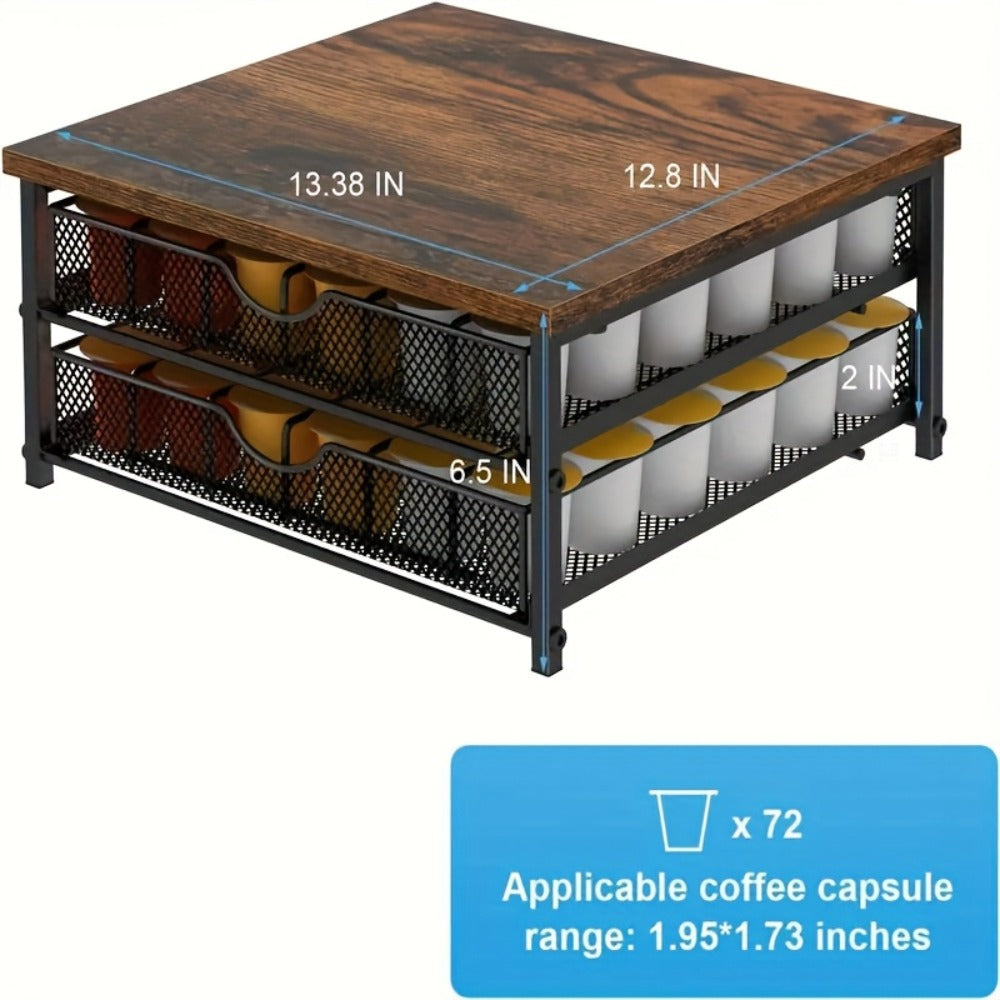 Coffee Pod Holder K-Cup Storage Drawer with Sliding Basket | 48-Capsule Double Layer Coffee Capsule Organizer for Countertop | Compatible with Nespresso Keurig Pods | Brown Coffee Bar Accessory