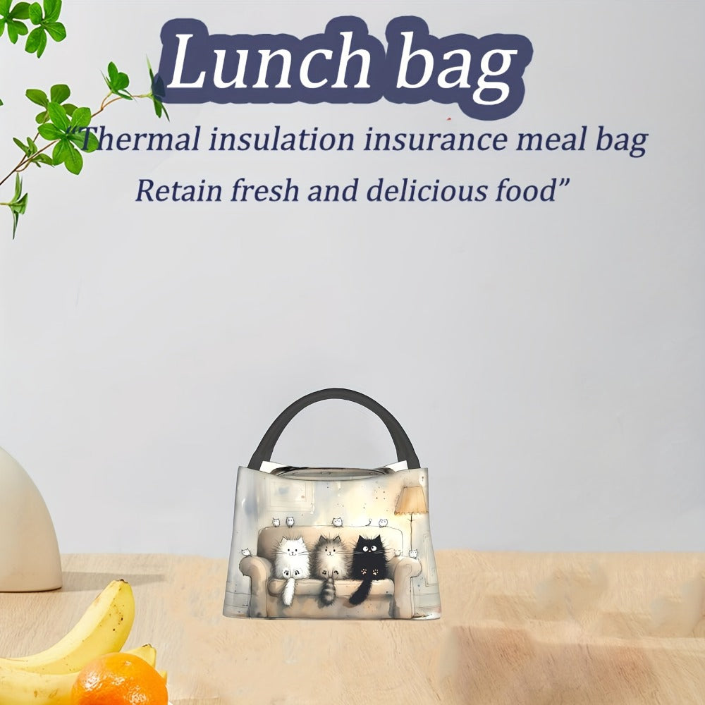 Insulated Lunch Bag with Cat Design - Reusable Polyester Lunch Tote for Women, Portable Cooler Bag for Work, Picnic, Hiking & Beach, Easy to Clean, Animal Print