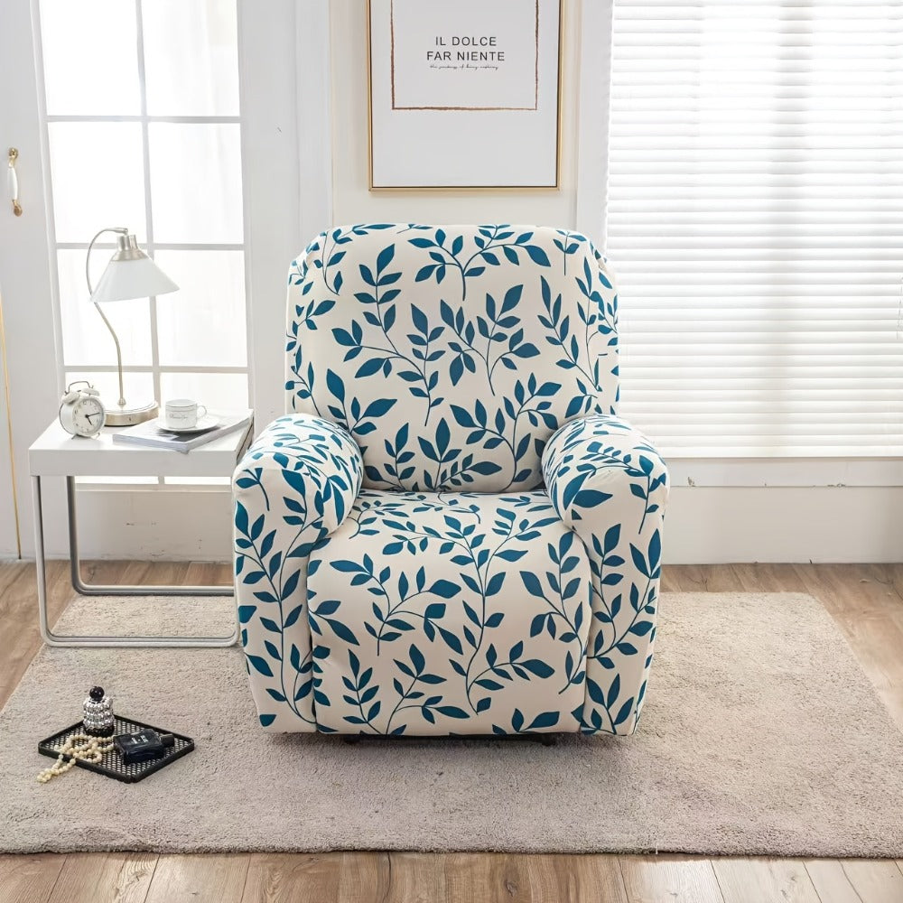 Recliner Slipcover 4pcs Extra Large with Pocket - Spandex Stretch Four Seasons Furniture Protector | Botanical Geometric Prints | Living Room Home Decor Sofa Chair Cover