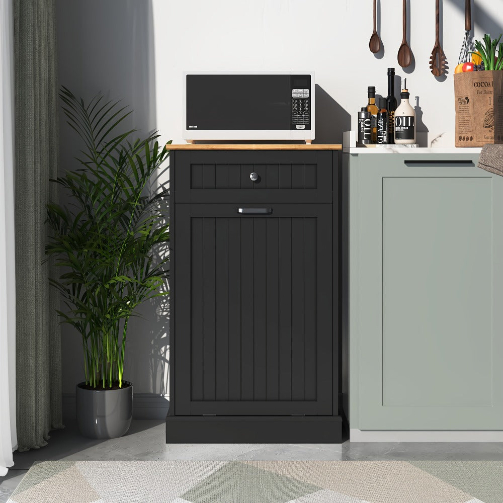 Tilt Out Trash Cabinet Freestanding Kitchen Garbage Cabinet with Cutting Board & Drawer ¨C Wood Hideaway Recycling Station, Fits 10 Gal, Black/White