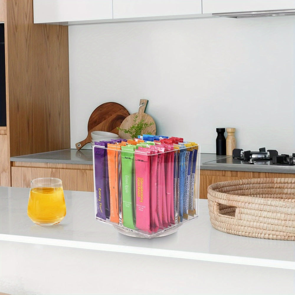 Rotating Countertop Organizer Rack for Drink Mixes, Powder Packets & Beverage Pouches - Square Lazy Susan Storage