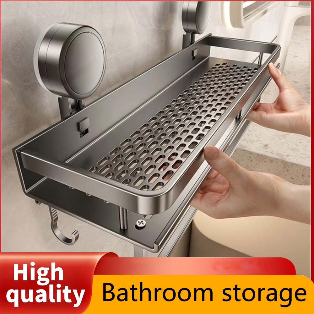 Shower Caddy Shelf Wall Mounted Suction Cup Rustproof Floating Bathroom Organizer Rack with Towel Hook for Shampoo Soap Accessories Space Saving Storage