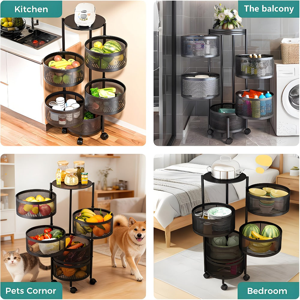 Rolling Storage Cart with Wheels 5-Tier 360¡ã Rotating Kitchen Organizer Basket, No Assembly Space-Saving Floor Standing Bin for Kitchen Pantry Bathroom Bedroom Fruits Vegetables Home Organization