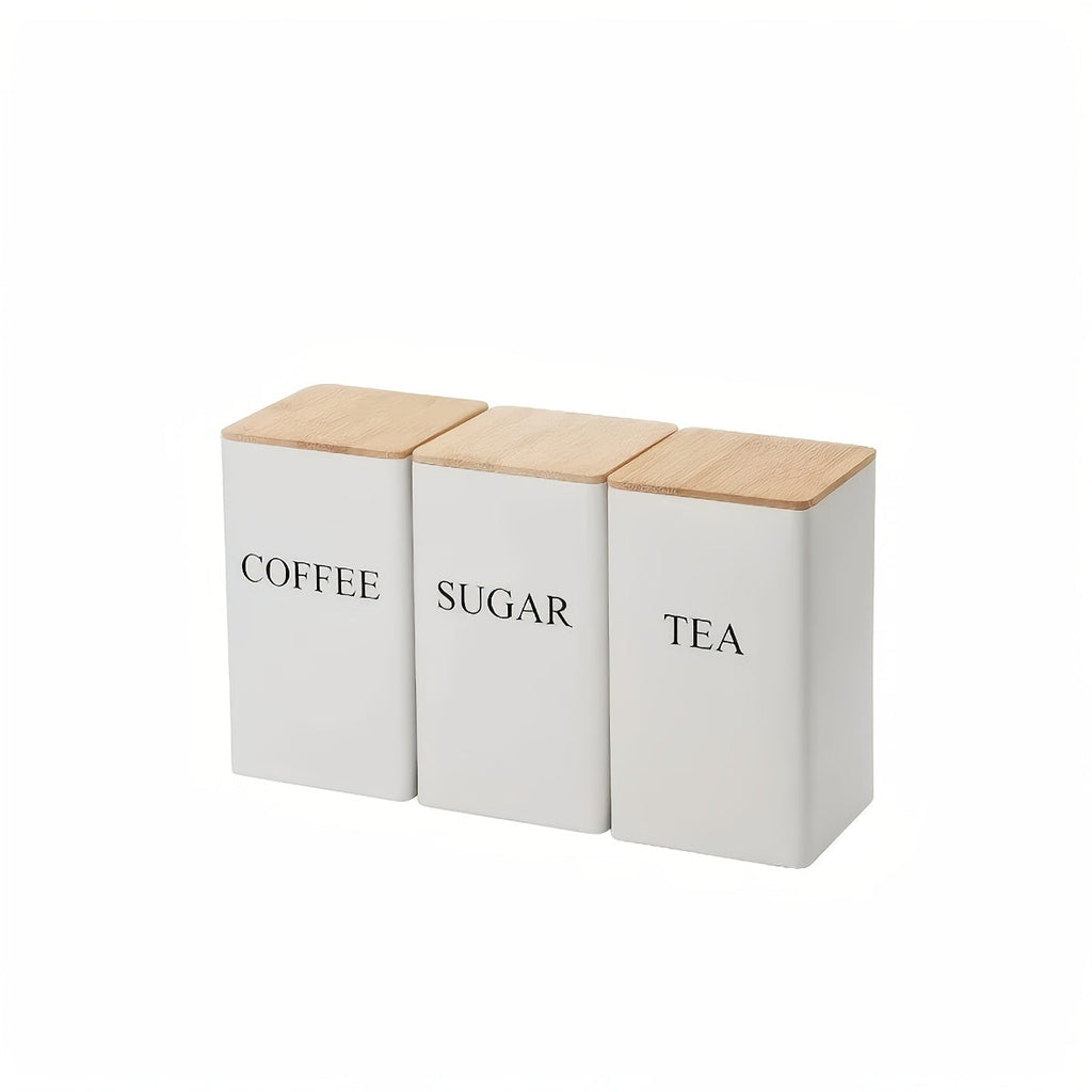 3-Piece Metal Kitchen Canister Set with Wooden Lids ¨C Coffee Tea Sugar Storage Jars, Airtight Kitchen Organizer Tins, Black or White Home Decor Gift Set