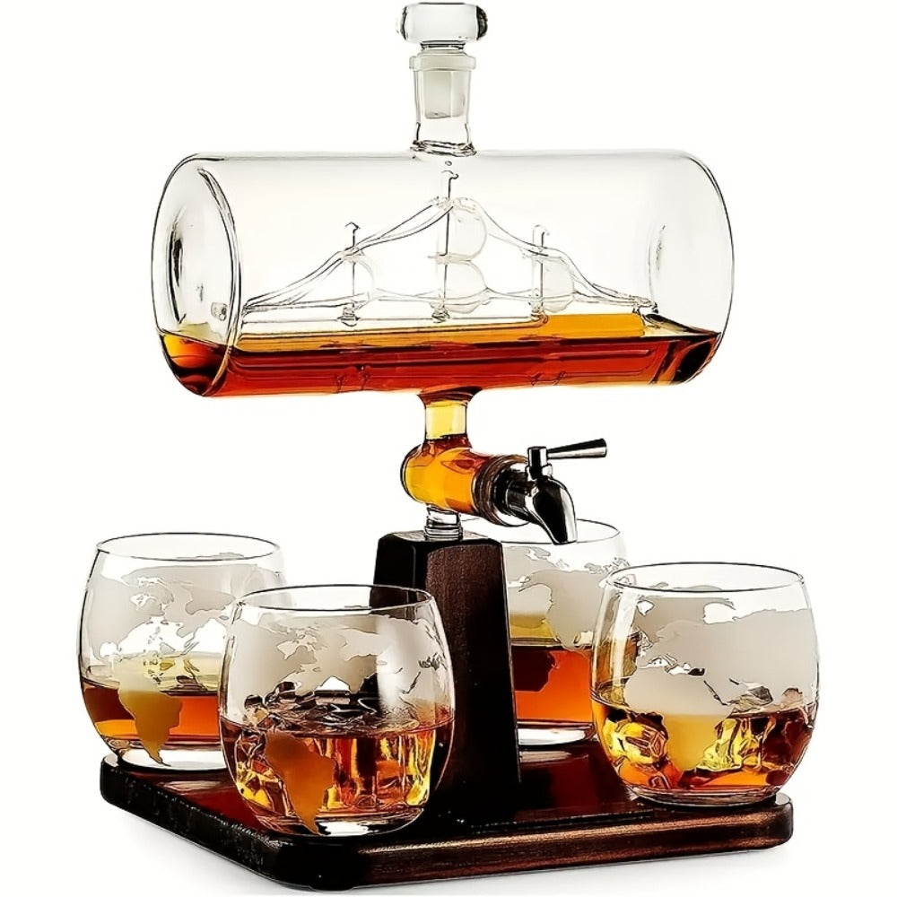 Whiskey Decanter Set with Glasses and Wooden Stand Ball Globe 28oz or Sailboat 44oz Etched Crystal Glass Cups for Whiskey Bourbon Scotch Birthday Wedding Anniversary Gift