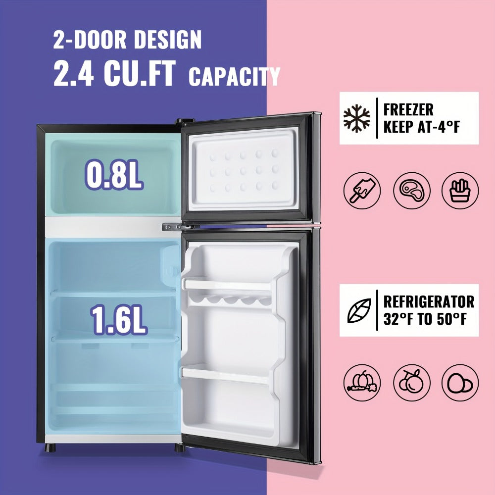Mini Refrigerator with Freezer, 2.4 Cu Ft Double Door Small Fridge with Removable Shelves & Adjustable Feet ¨C Compact Personal Fridge for Bedroom, Dorm, Apartment, Home Office and Kitchen