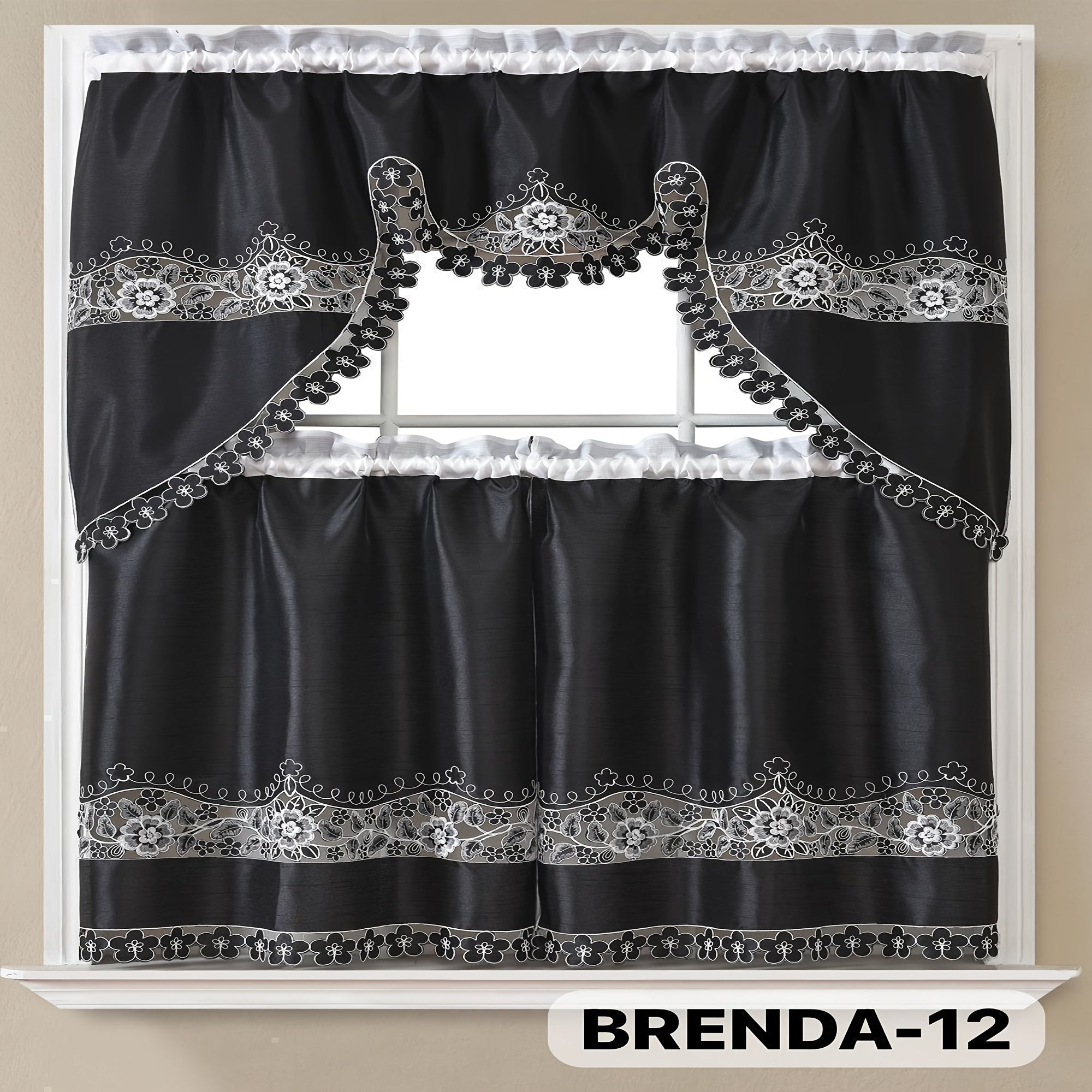 Kitchen Curtains 3 Piece Set Embroidered Satin Valance and Tiers - Rod Pocket Light Filtering Machine Washable 46 Colors Available All Season Home Decor
