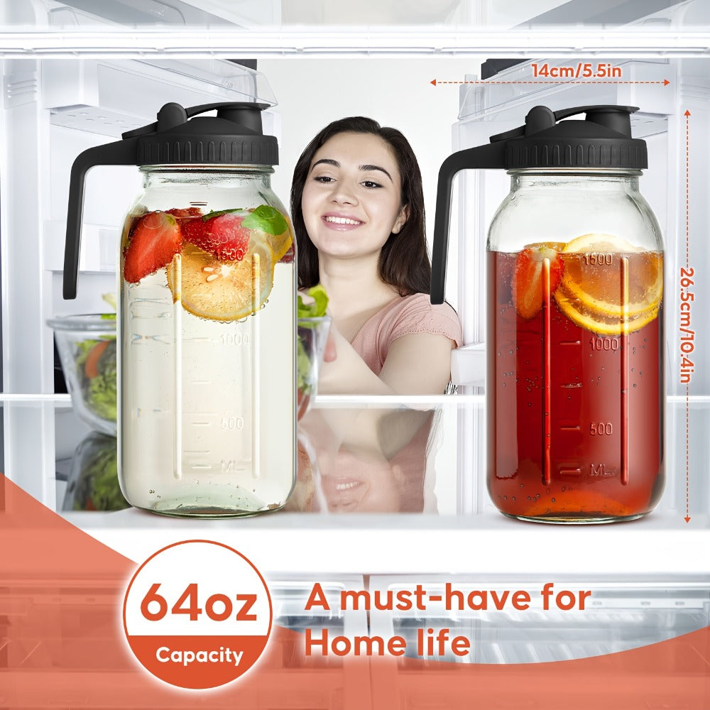 Mason Jar Pitcher 64oz Wide Mouth Glass Pitcher with Pour Spout & Handle ¨C 2 Pack Leak Proof Iced Tea Pitcher for Fridge, Coffee Creamer, Sun Tea & Juice