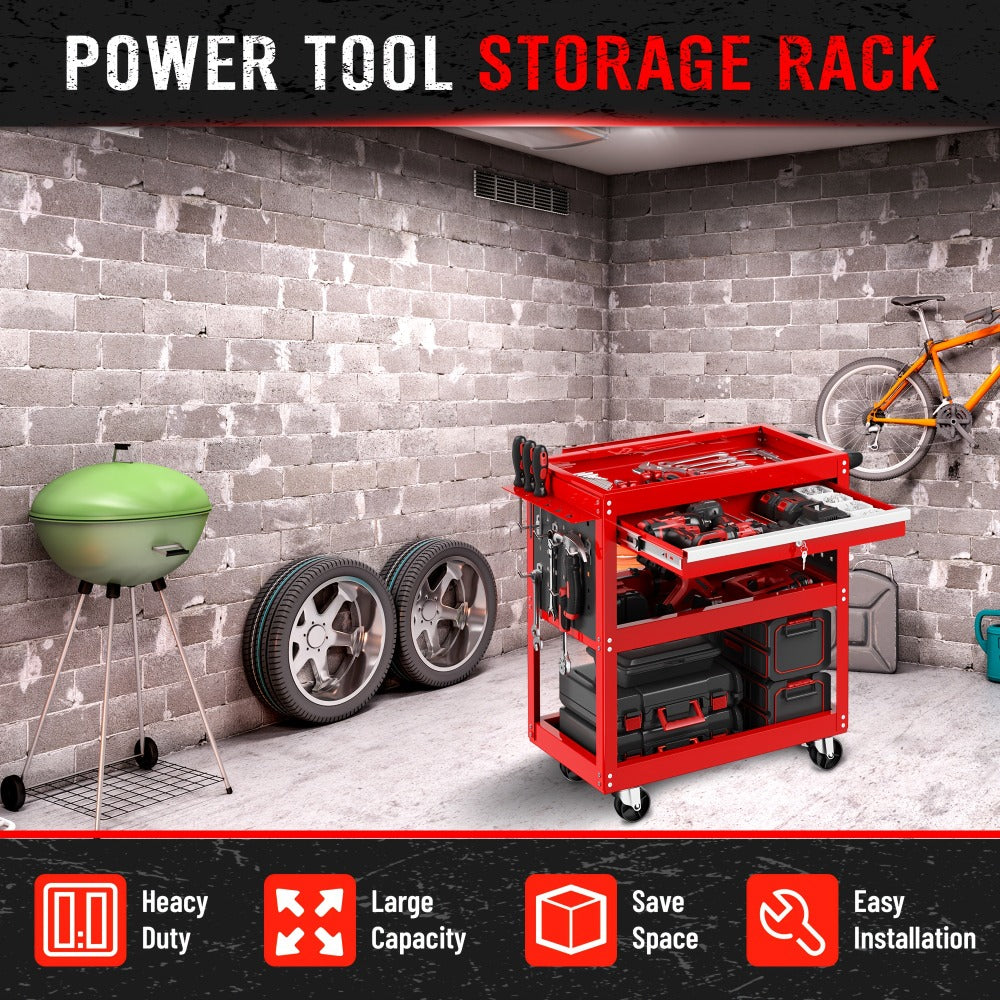 Rolling Tool Cart 3-Tier Heavy Duty 330 LBS Capacity Pegboard Organizer Locking Drawer 4 Swivel Casters for Garage Workshop Mechanics Black Yellow