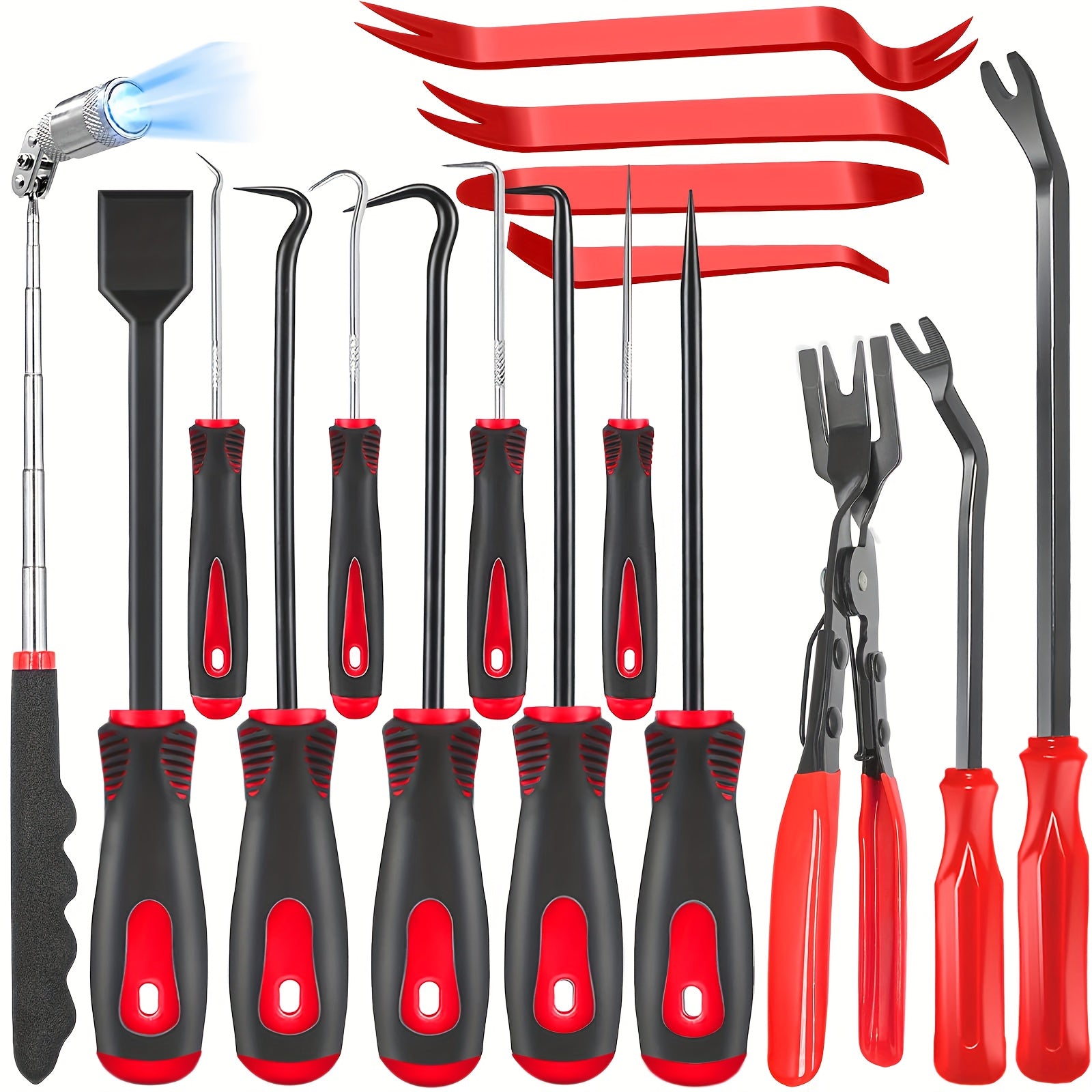Automotive Trim Removal Tool Kit 17pcs - Hook Paddle Pry Set with Fastener Clamps Rivet Pullers Magnetic Picker Gasket Scraper Scratch-Free Car Maintenance Tools