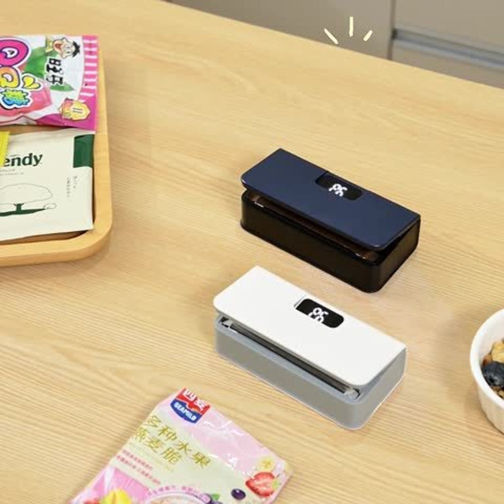 Portable Mini Bag Sealer USB Rechargeable ¨C Handheld Food Sealer with Built-In Cutter for Fruits, Vegetables, Snacks & Chips ¨C Compact Kitchen & Outdoor Picnic Sealing Tool, White & Blue