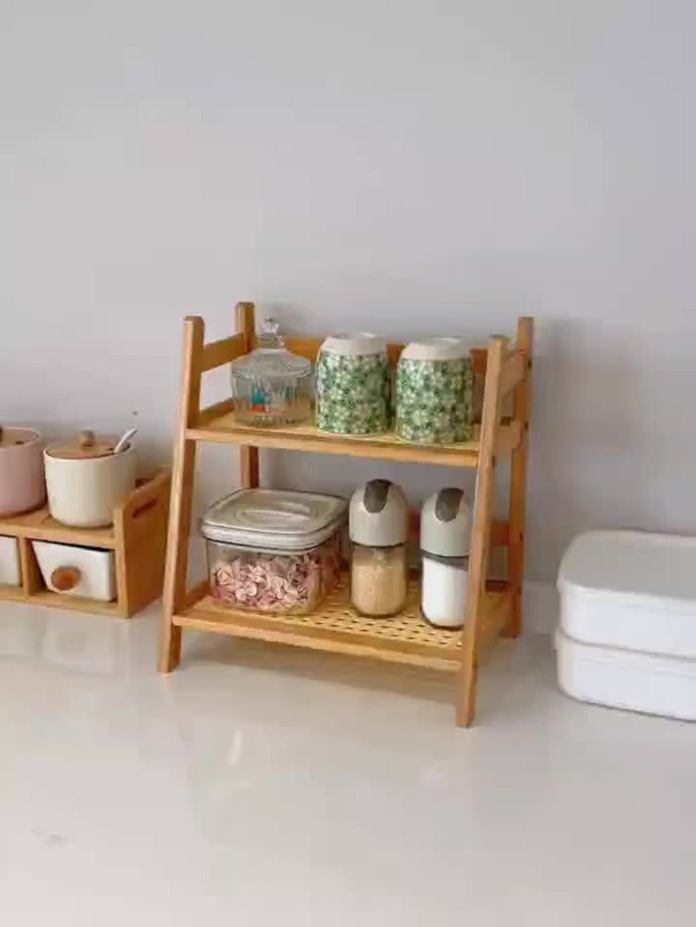 Bamboo Countertop Shelf Organizer 2-Tier - Trapezoidal Wooden Storage Rack for Kitchen Office Bedroom and Desk, Space Saving Riser Shelf for Coffee Cups Books Plants and Everyday Items, Available in Medium, Large or 2 Piece Set
