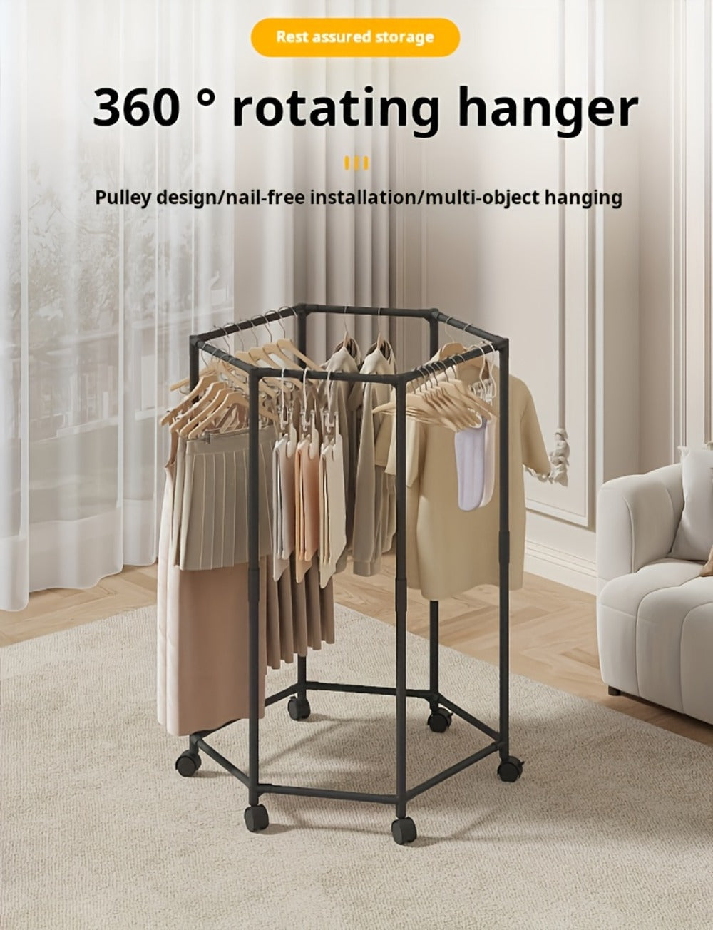 Rotating Clothes Rack Freestanding Vertical Clothing Hanging Rack Space Saving Laundry Rack with Mesh Bag Black White Rotatable Garment Rack for Small Apartment Bedroom Closet