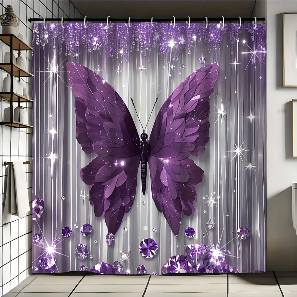 Shower Curtain Set Diamond Butterfly Print 70.8x70.8 Inch - 4 Piece Bathroom Set with U-Shape Toilet Seat Cover Non-Slip Rug 12 Hooks Machine Washable | Cyan Purple Pink | All Season Bathroom Decor