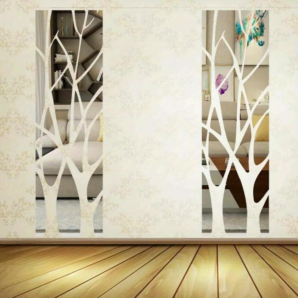 3D Mirror Tree Acrylic Wall Sticker ¨C Removable Reflective Wall Decal for Living Room, Bedroom, TV Wall & Sofa Area | Glossy Silver Mirror Finish Wall Art Decor | 1000x280mm