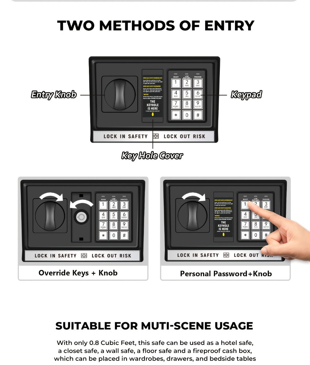 Home Security Safe Box with Sensor Light & Fireproof Bag ¨C Digital Keypad Lock Box with Backup Keys for Cash, Jewelry & Valuables ¨C Wall, Floor & Closet Mountable Safe (Multiple Sizes & Colors)