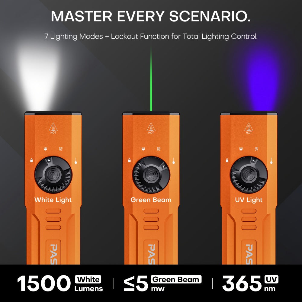 Tactical Flashlight Green Laser UV 3-in-1 | 1500 Lumen Slim EDC Multi-Function Light with White Light + UV365 Ultraviolet + Green Laser Beam | USB Rechargeable for Home Outdoor Daily Use