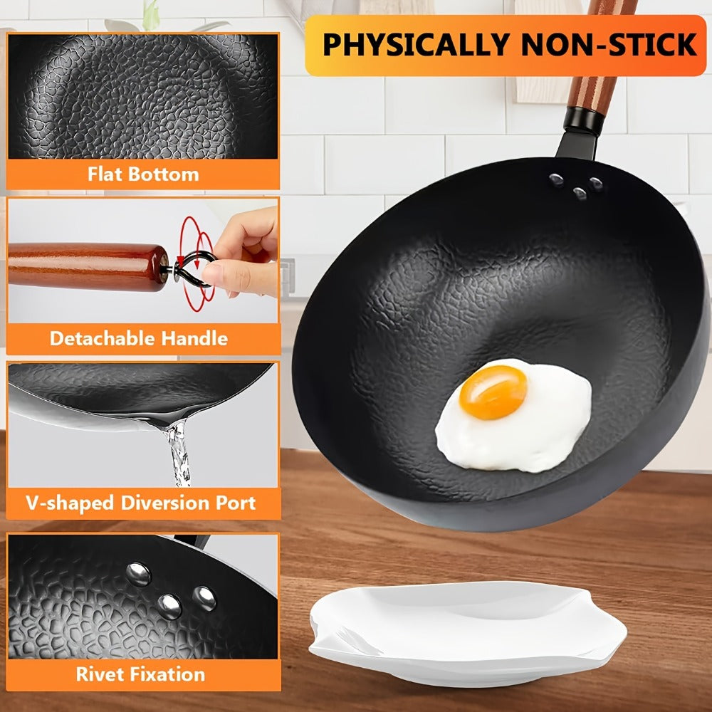 Carbon Steel Wok Set with Lid & Accessories ¨C 14-Piece Non-Stick Stir Fry Pan 12.6¡± for Gas Electric Induction All Stoves | Wok Pan with Spatula Brush Ring Utensils Kitchen Cooking Set