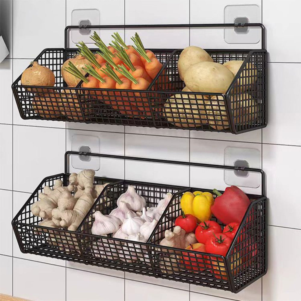 Wall Mounted Kitchen Storage Basket ¨C Metal Wire Rack Organizer, 2 or 3 Grid Tier, Space Saving Vertical Pantry Shelf for Spices, Snacks & Beverages, Home Kitchen & Retail Store Display