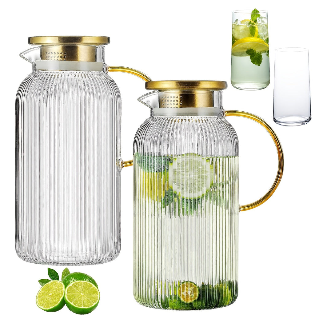 Glass Pitcher with Stainless Steel Lid 68oz 2 Liter Borosilicate Water Pitcher Carafe for Cold Brew, Lemonade, Iced Tea & Milk ¨C Heat Resistant, 2 or 4 Pack