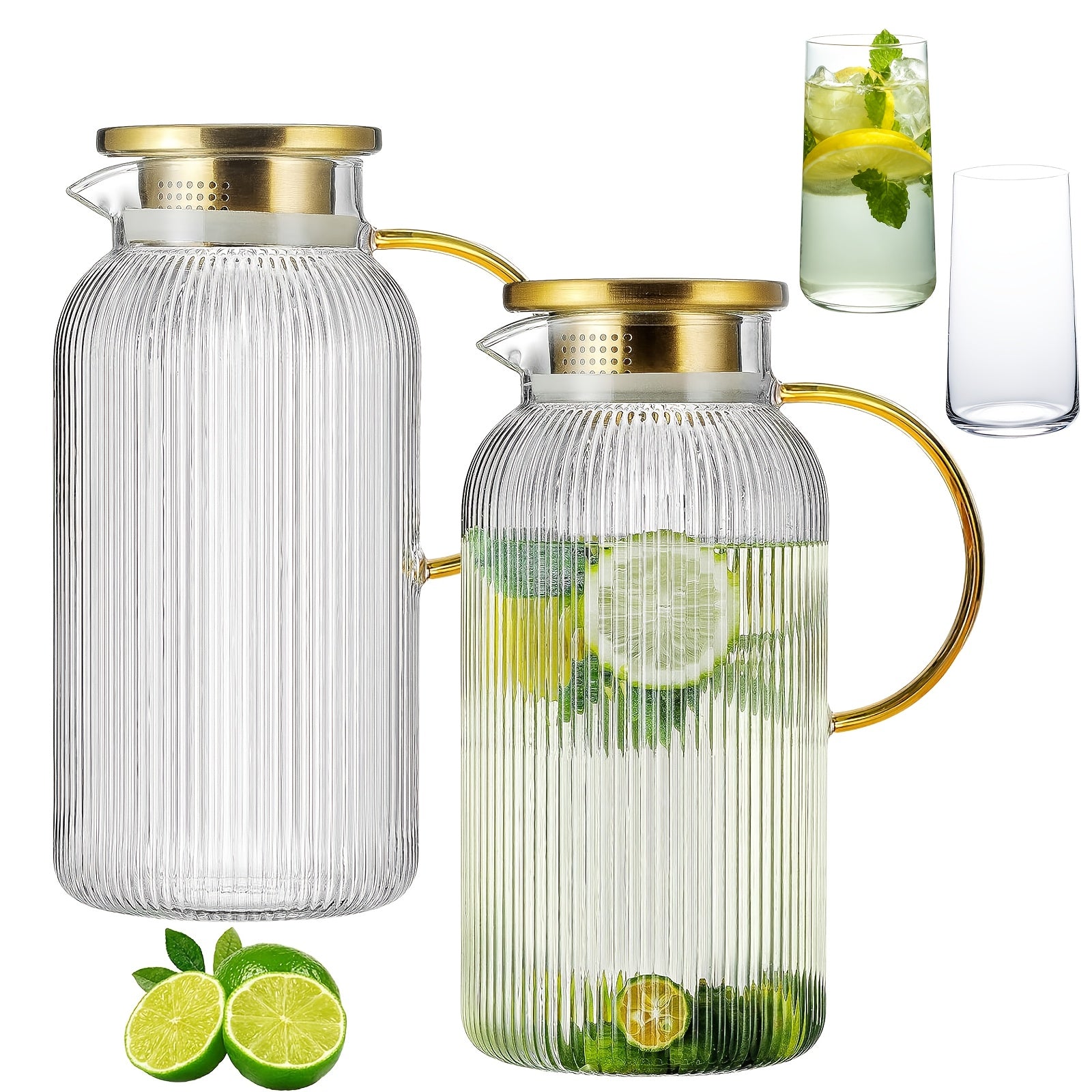 Glass Pitcher with Stainless Steel Lid 68oz 2 Liter Borosilicate Water Pitcher Carafe for Cold Brew, Lemonade, Iced Tea & Milk ¨C Heat Resistant, 2 or 4 Pack