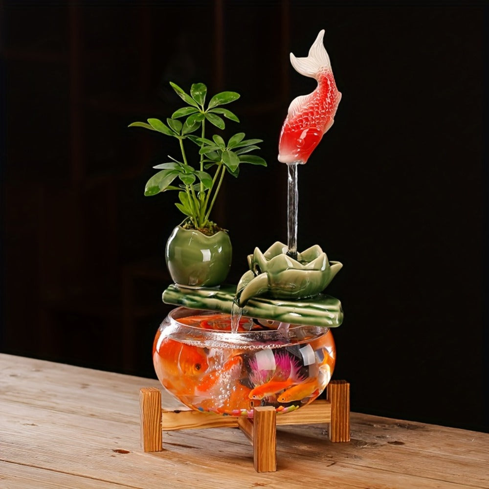 USB Desktop Fish Waterfall Fountain with Glass Bowl ¨C Relaxing Indoor Water Feature Tabletop Decor Zen Fountain Gift