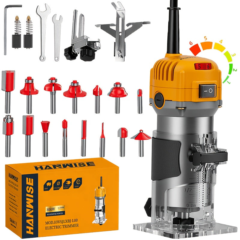 Wood Router Edge Trimmer 800W 6.1Amp Compact Hand Router Tool 35000RPM with Variable Speed, 1/4¡± Collet, Router Bit Set for Woodworking Slotting Carving Edge Treatment DIY Projects