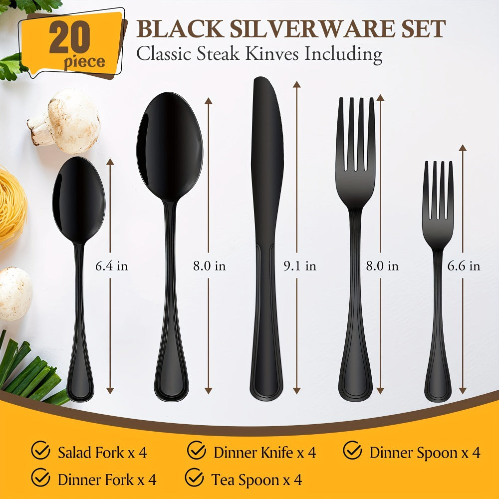 Stainless Steel Flatware Cutlery Set ¨C Mirror Polished, Dishwasher Safe, Silver & Black Options, Service for 4 / 8 / 12 ¨C Kitchen Utensil Set for Home, Restaurant & Wedding Gift