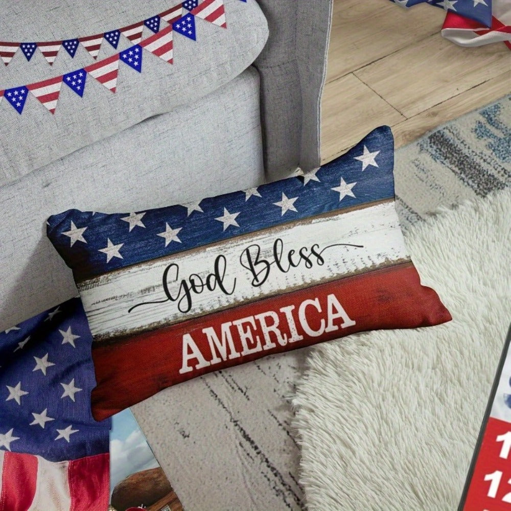 4th of July Throw Pillow Cover 12x20 Inch, God Bless America Patriotic Red White Blue Linen Cushion Case Star Pattern Distressed Wood, Boho Home Decor for Independence Day Memorial Day