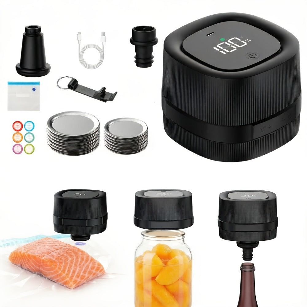 Electric Jar Vacuum Sealer 3-in-1 with 14 Sealing Lids ¨C One-Button Leak-Proof Vacuum Sealing Machine for Food Storage, Fits Regular & Wide Mouth Jars, Wine Plug & Bag Included