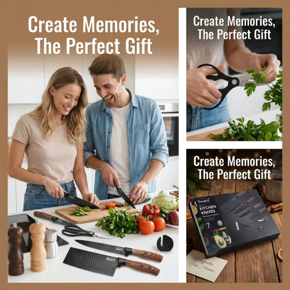 Chef Knife Set 7 Piece High Carbon Stainless Steel Ultra Sharp ¨C Anti-Stick Ergonomic PP Handle, Includes Slicing Knife, Scraper, Scissors & Whetstone, Gift Box for Home, Family & Travel