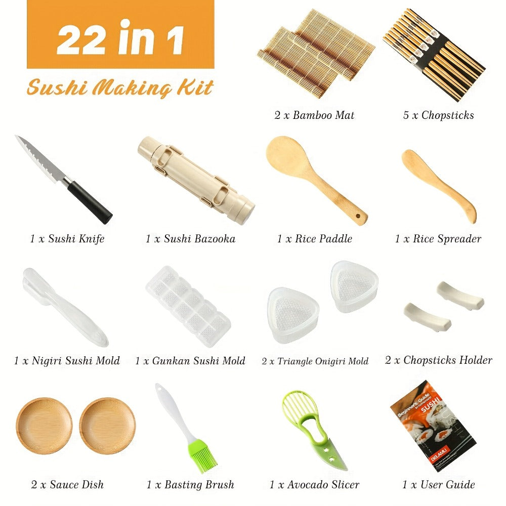 Sushi Making Kit 22-in-1 with Bamboo Rolling Mats Chef Knife Triangle Nigiri Gunkan Molds Chopsticks Beginner Guide ¨C Complete DIY Sushi Set for Home Kitchen Japanese Cooking Gift