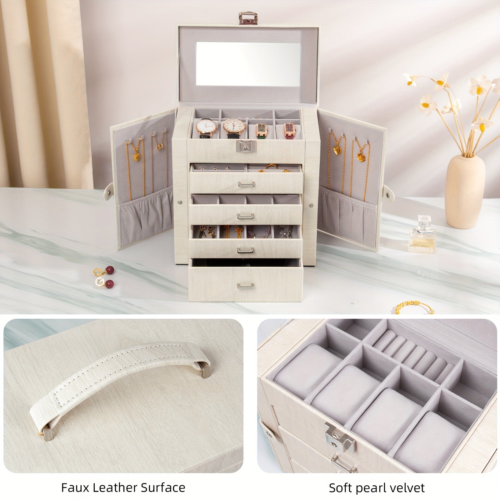 Large Jewelry Box 5-Tier PU Leather Organizer with Lock & Mirror ¨C Storage Case for Bracelets, Earrings, Rings & Necklaces
