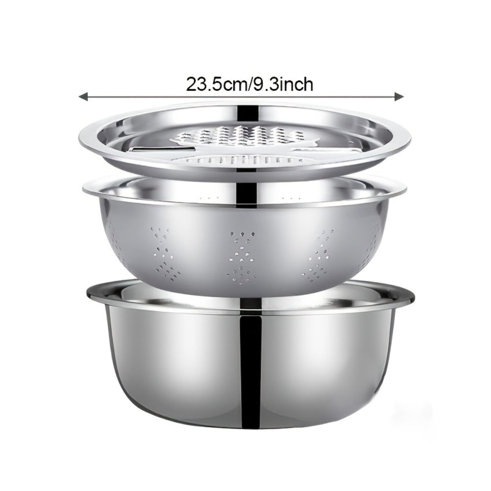 Stainless Steel Kitchen Tool Set 3pcs ¨C Built-In Grinder, Colander Filter & Mixing Bowl for Washing, Slicing & Draining Fruits, Vegetables & Cheese, Food-Safe Drainage System